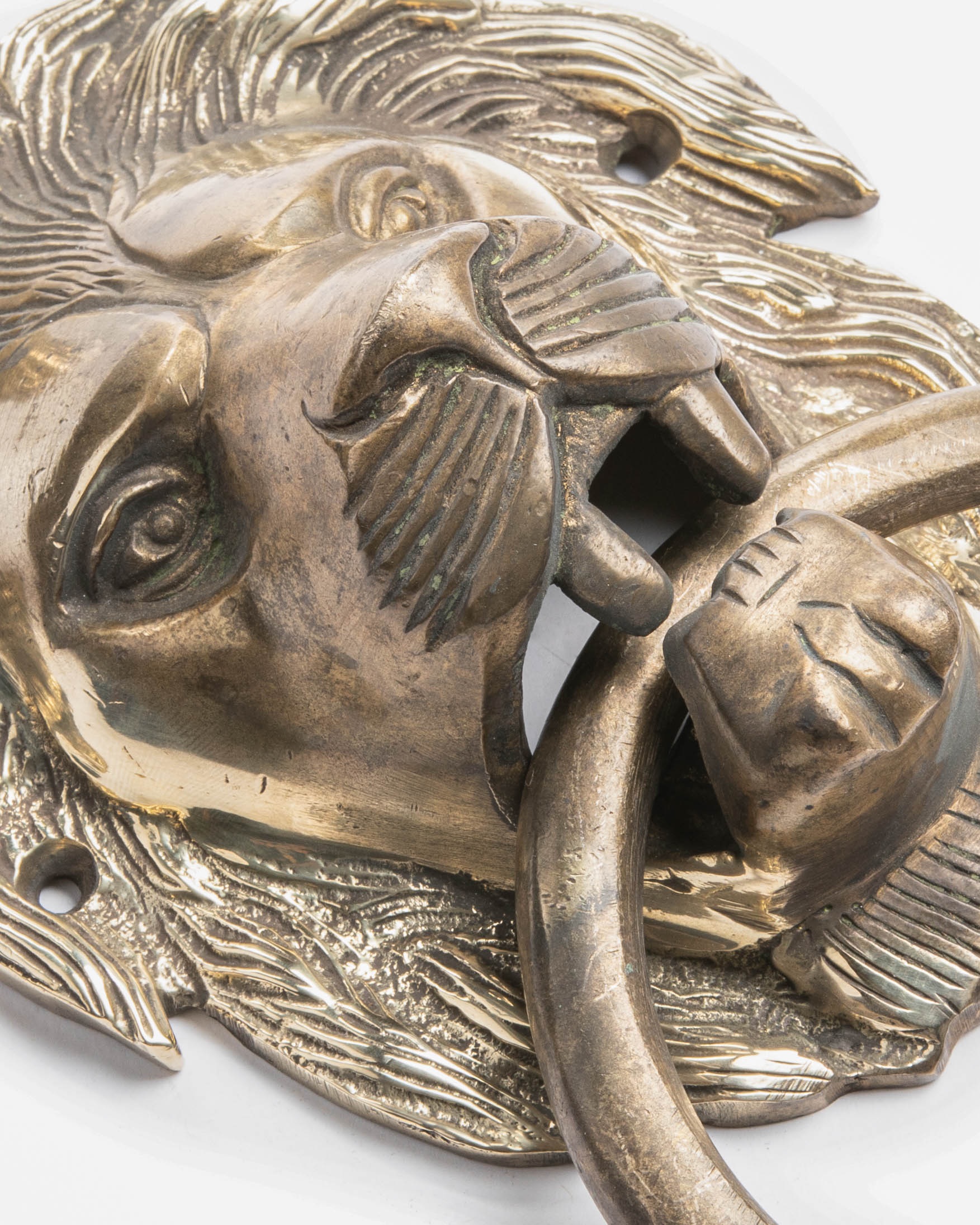Détail du heurtoir à tête de lion avant restauration