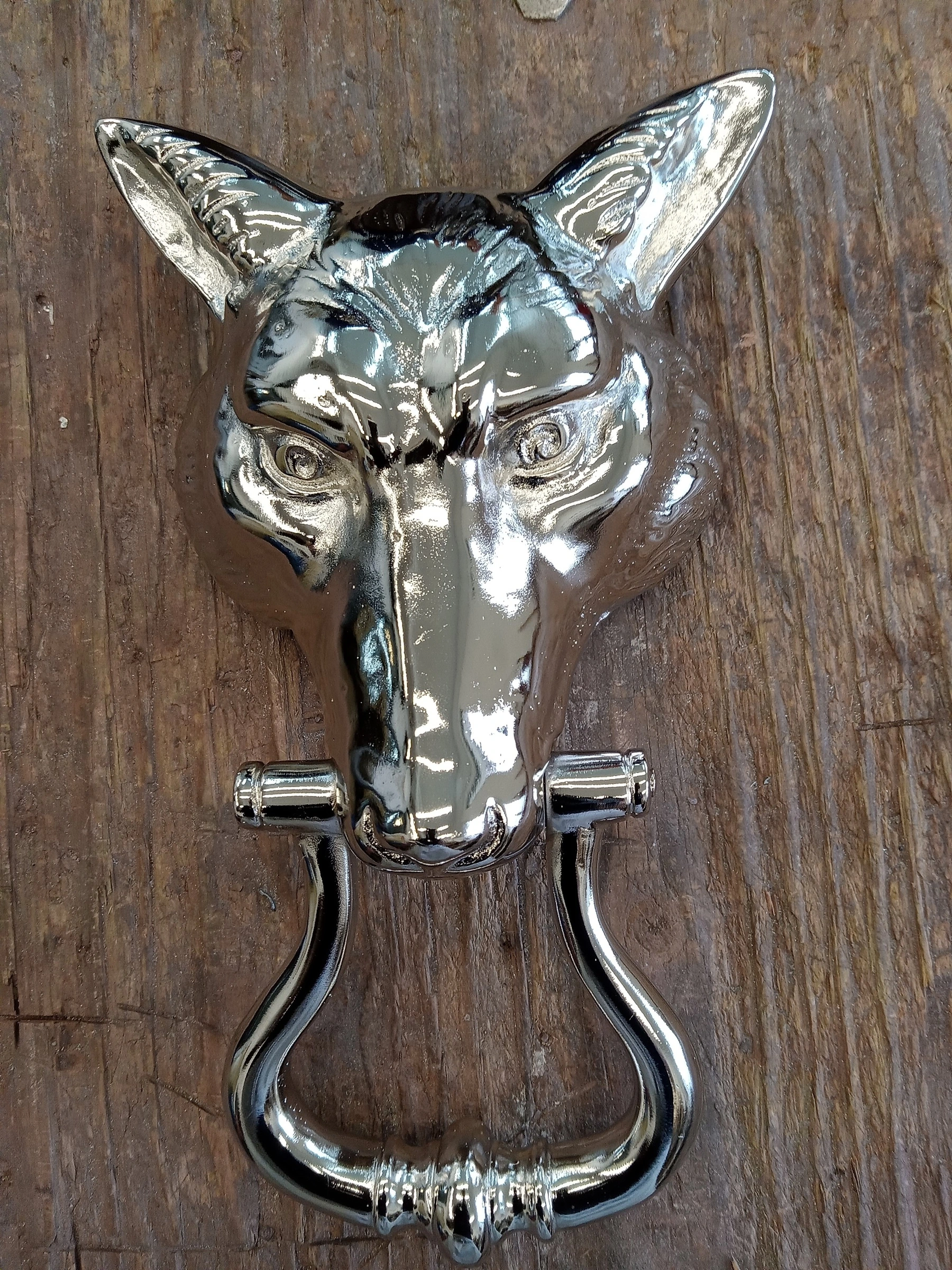 Heurtoir argenté à tête animale, oreilles pointues et anneau, après restauration